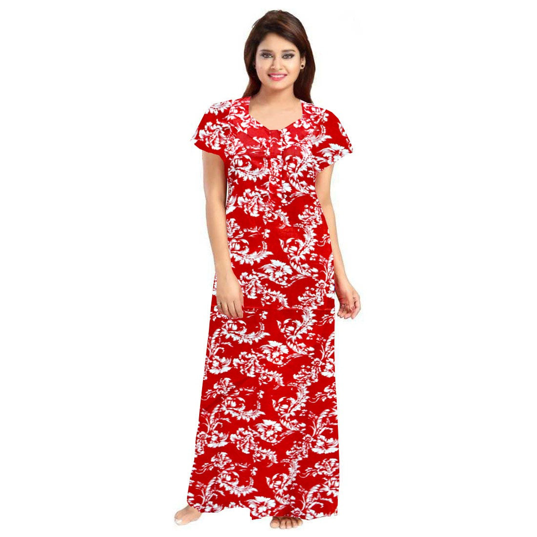 Women's Cotton Printed Maxi Nighty (Red) - GillKart