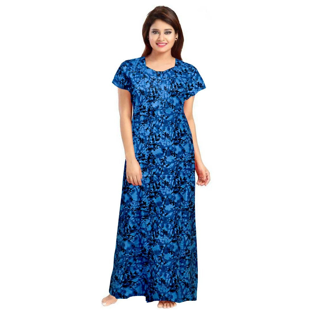 Women's Cotton Printed Maxi Nighty (Blue) - GillKart