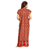 Women's Cotton Printed Maxi Nighty (Red) - GillKart