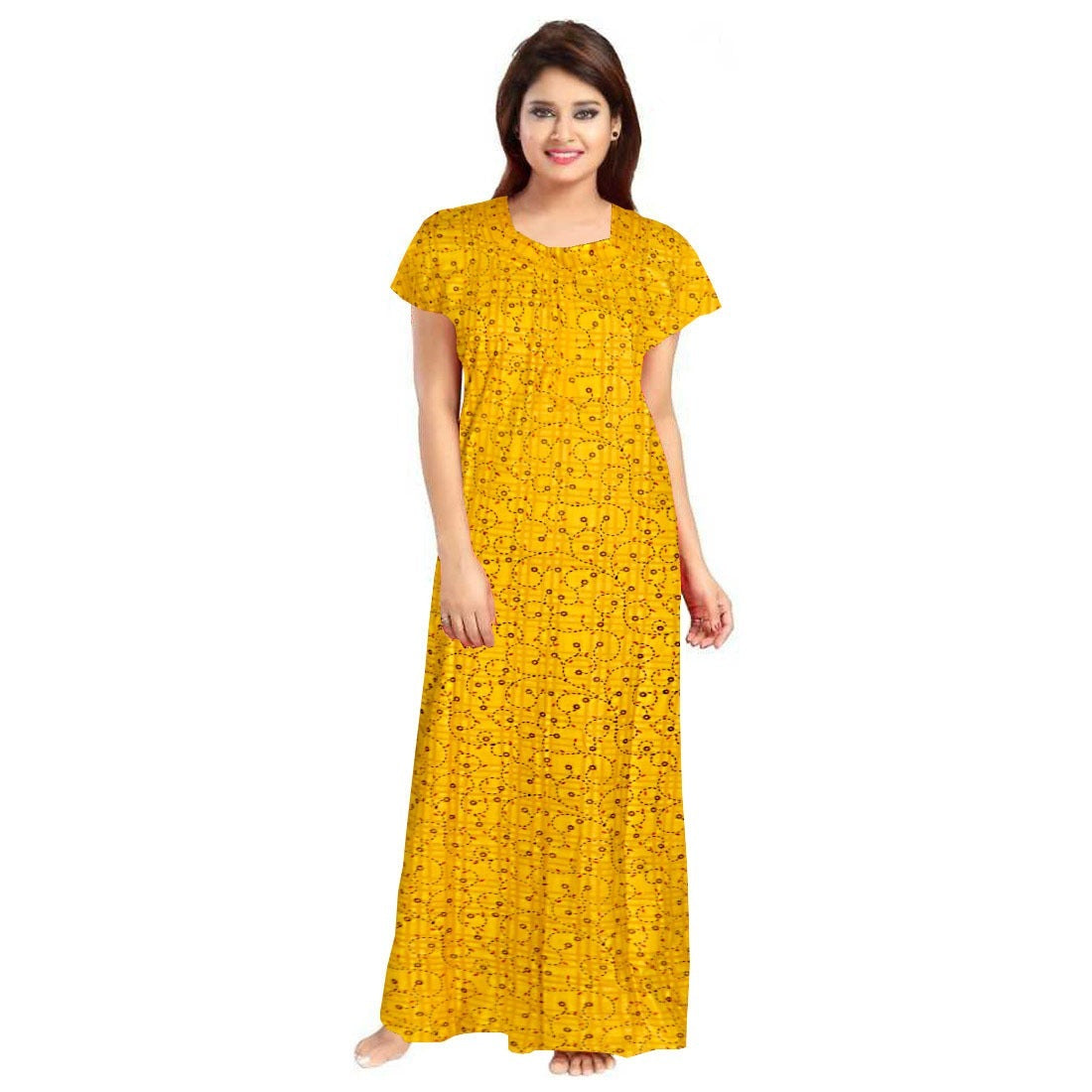 Women's Cotton Printed Maxi Nighty (Yellow) - GillKart