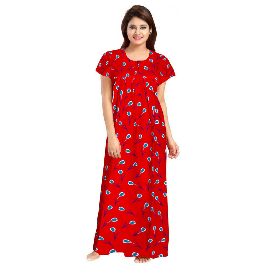 Women's Cotton Printed Maxi Nighty (Red) - GillKart