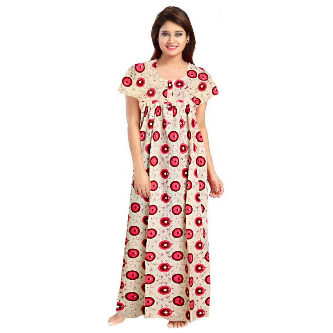 Women's Cotton Printed Maxi Nighty (Red) - GillKart