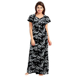 Women's Cotton Printed Maxi Nighty (Black) - GillKart