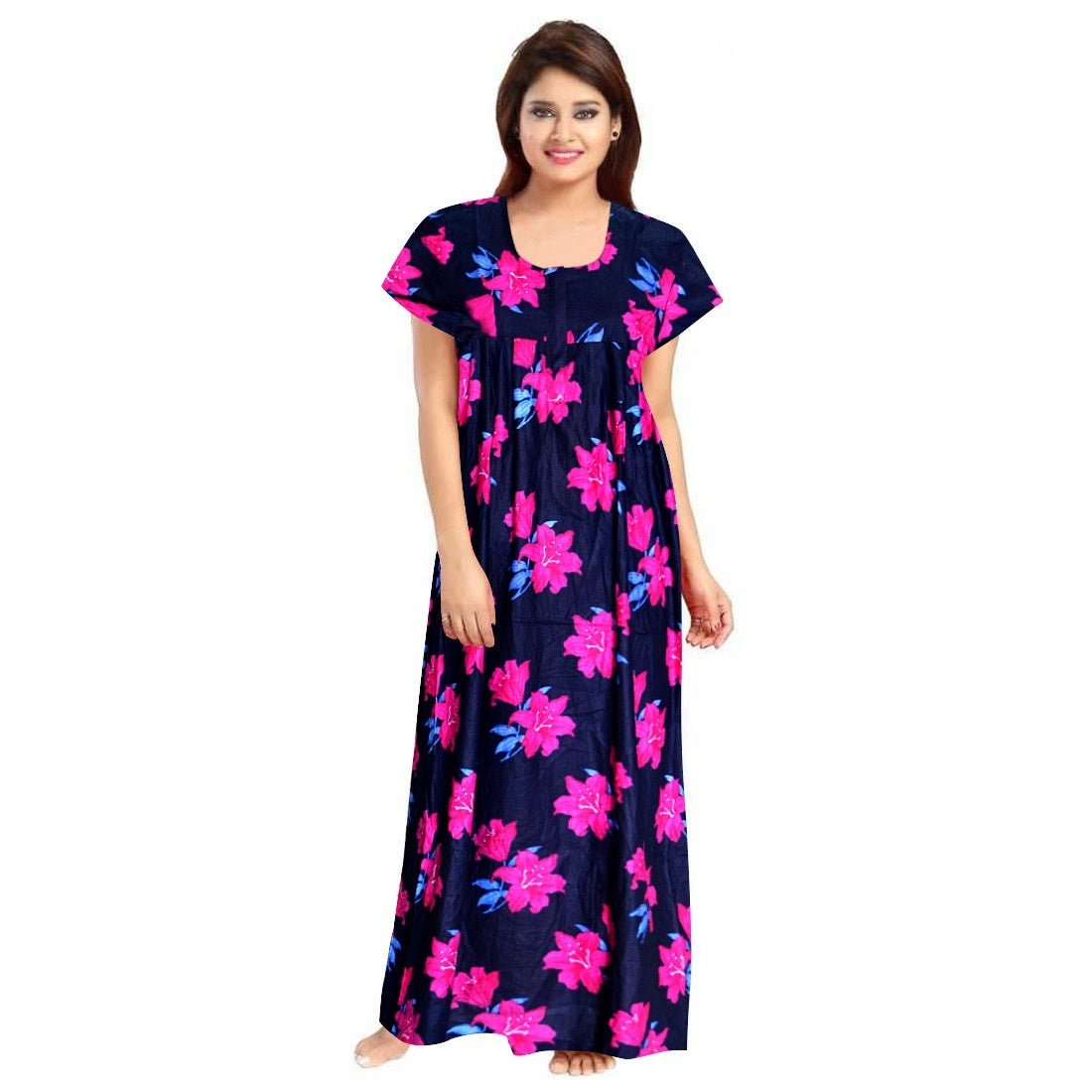 Women's Cotton Printed Maxi Nighty (Pink) - GillKart