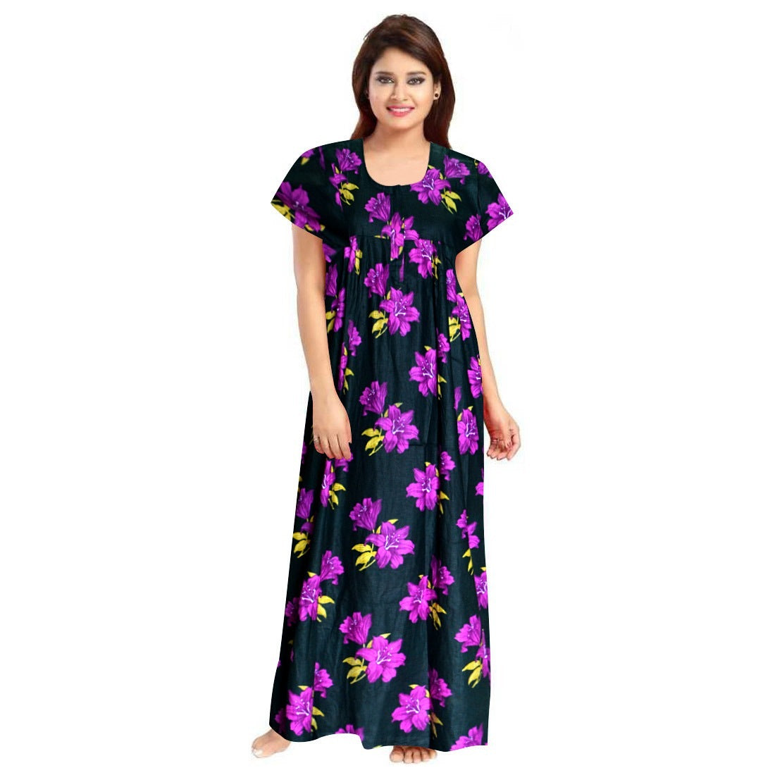 Women's Cotton Printed Maxi Nighty (Pink) - GillKart