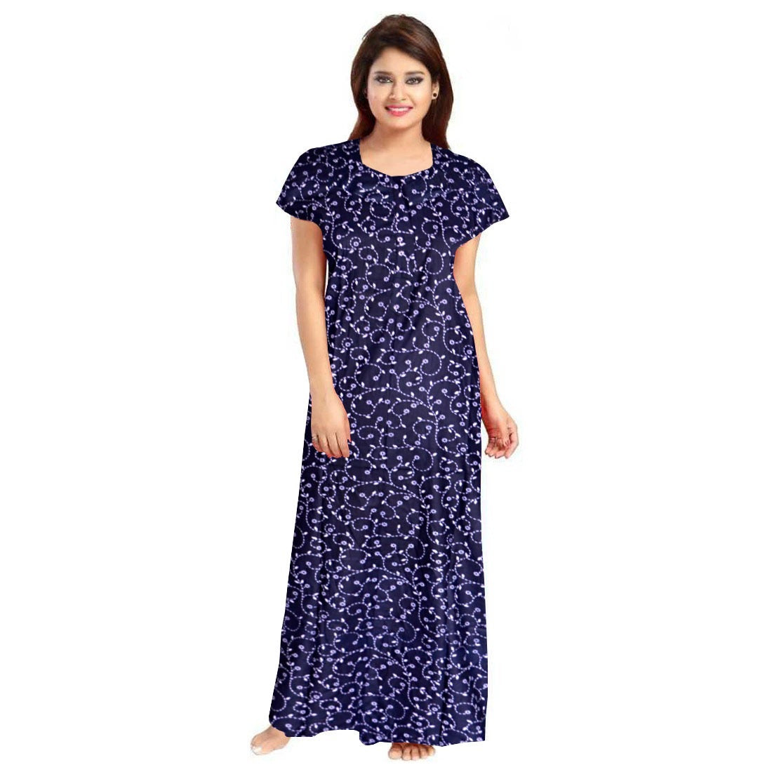 Women's Cotton Printed Maxi Nighty (Blue) - GillKart