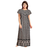 Women's Cotton Printed Maxi Nighty (Black) - GillKart