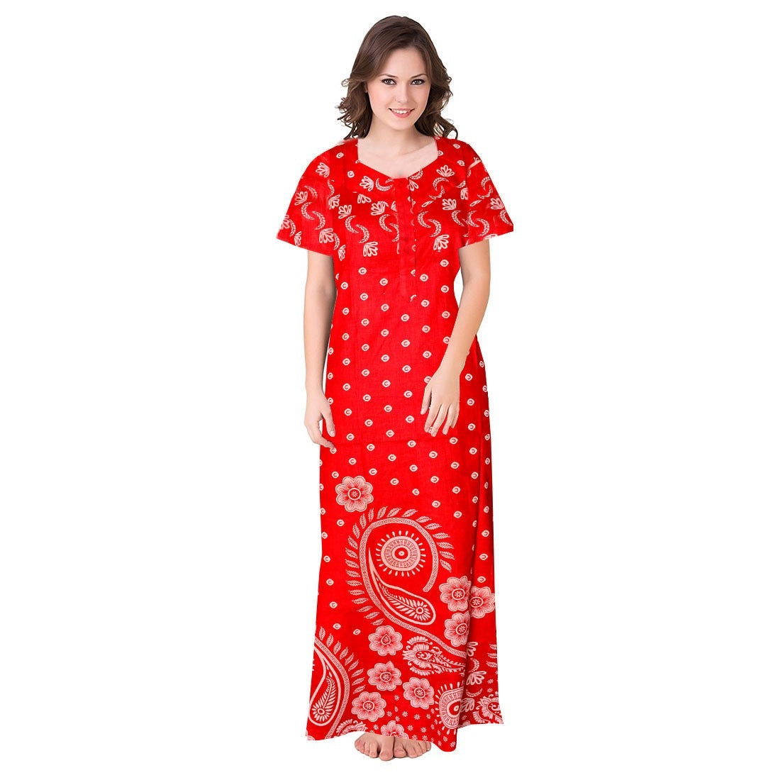 Women's Cotton Printed Maxi Nighty (Red) - GillKart