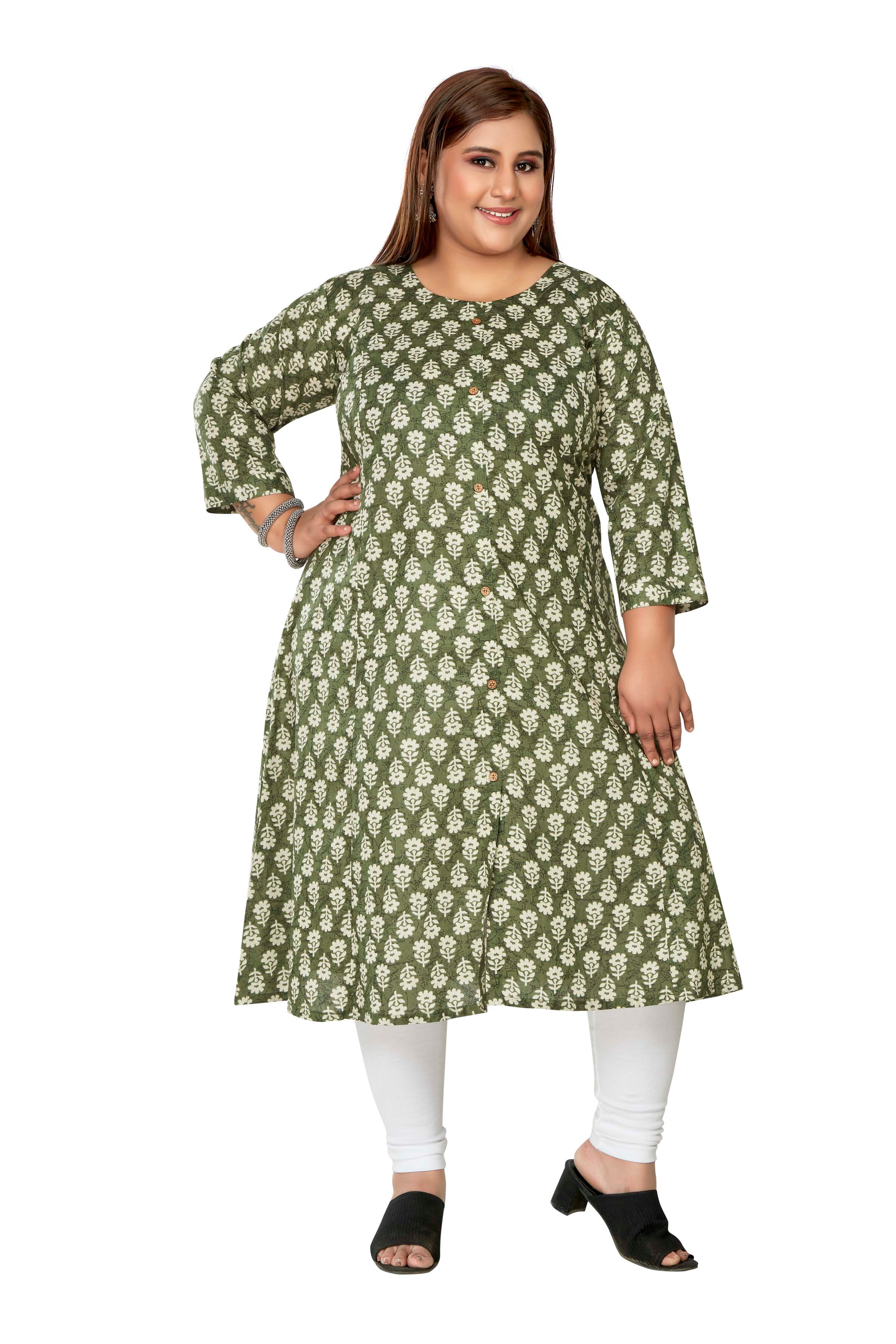 Women's Casual 3/4th Sleeve Printed Pure Cotton Prince Cut A-Line Kurti (Green) - GillKart