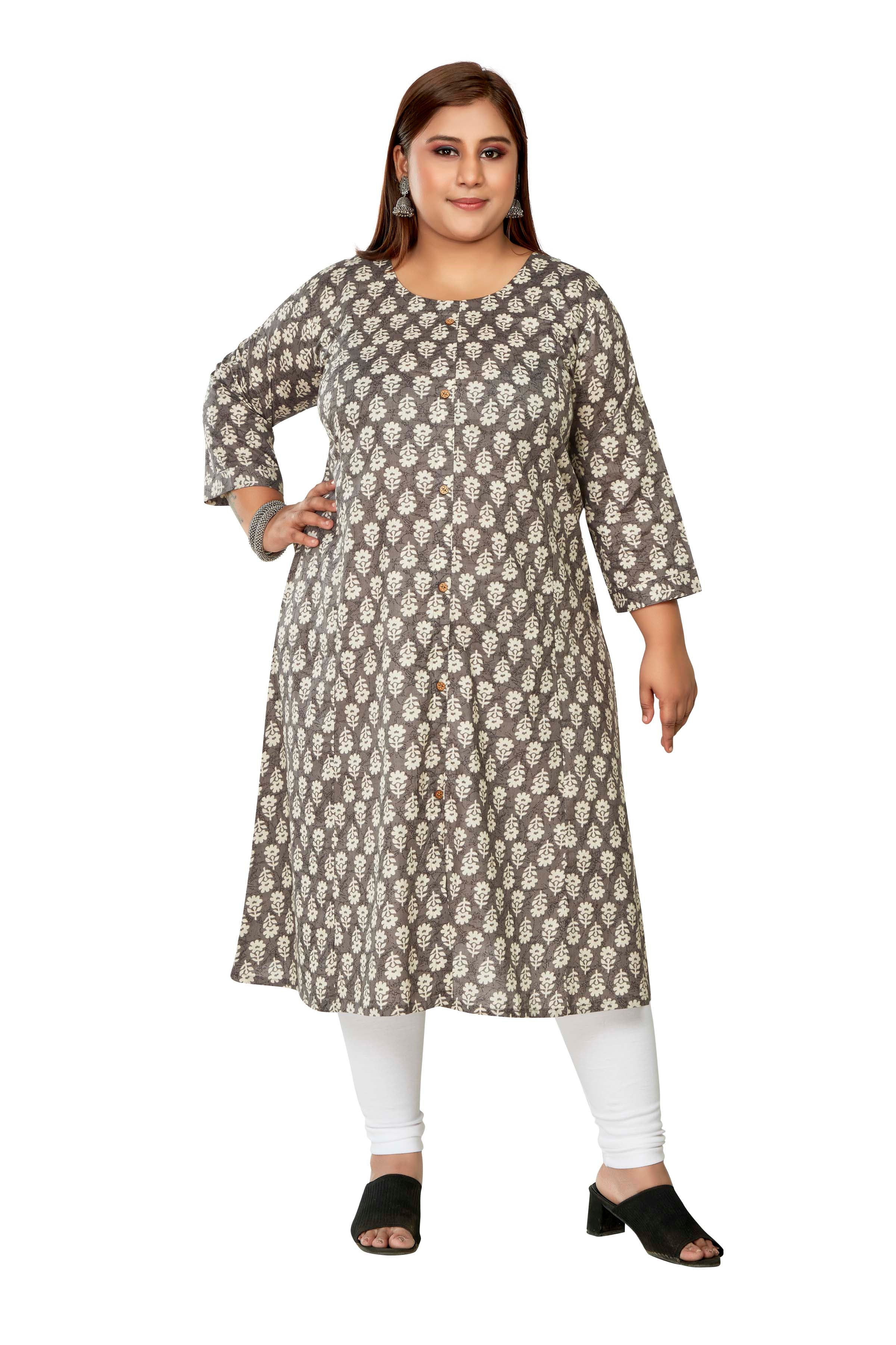 Women's Casual 3/4th Sleeve Printed Pure Cotton Prince Cut A-Line Kurti (Grey) - GillKart