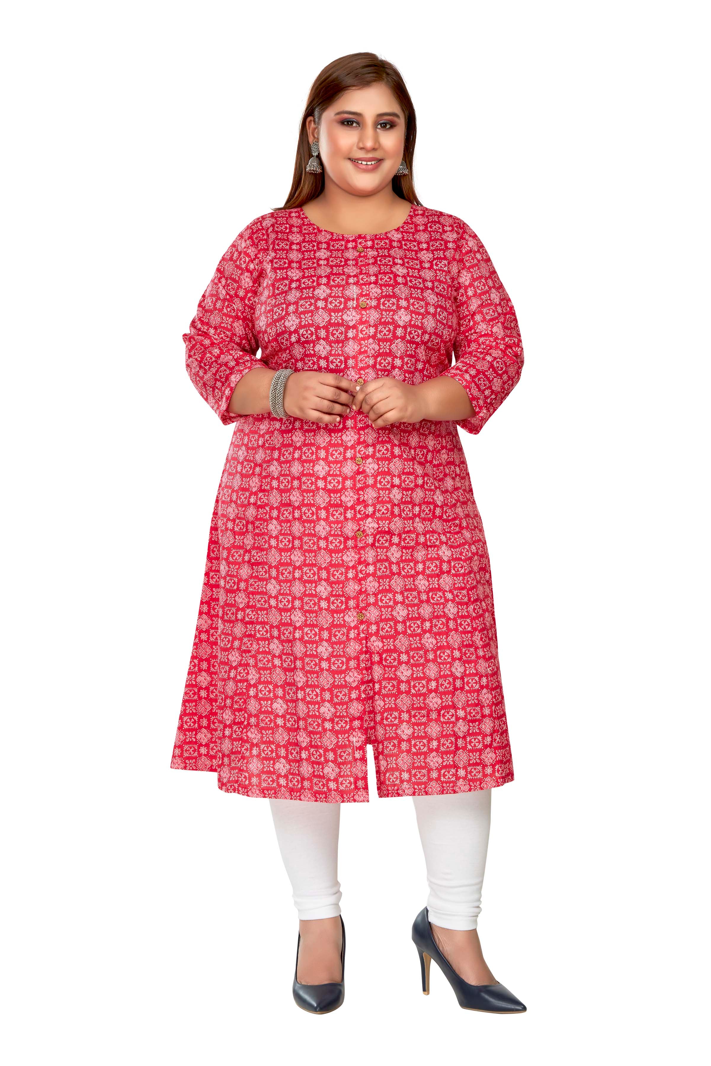 Women's Casual 3/4th Sleeve Regular Printed Pure Cotton Prince Cut A-Line Kurti (Pink) - GillKart