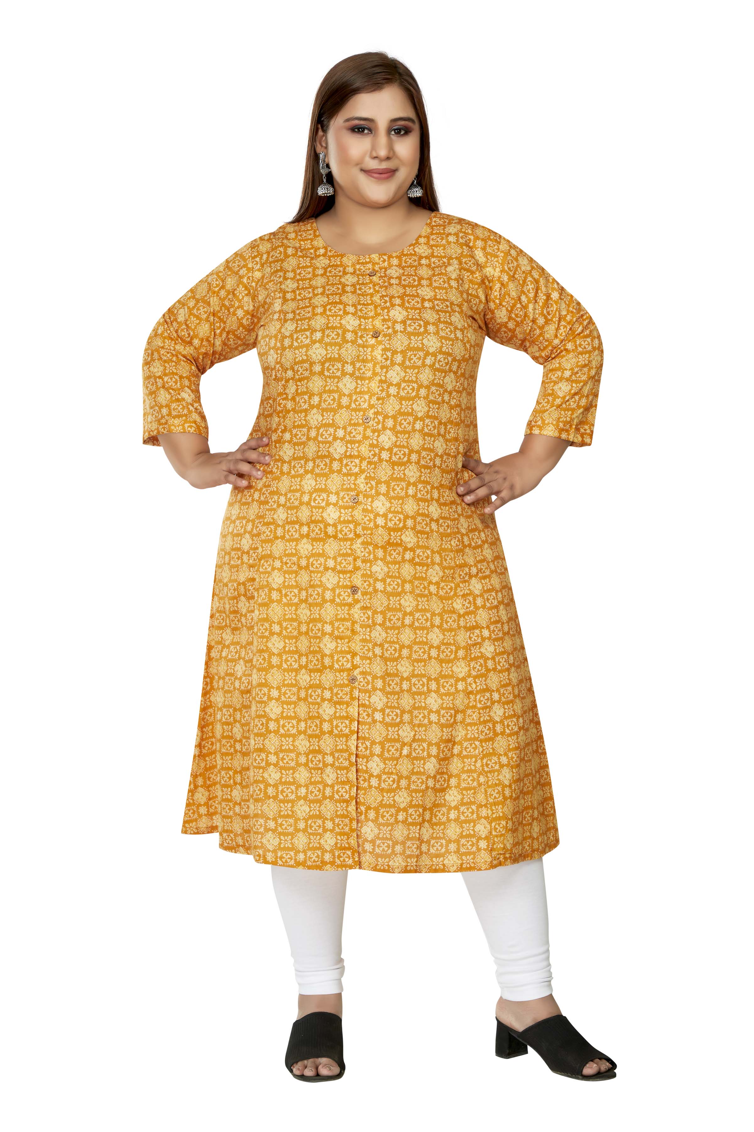 Women's Casual 3/4th Sleeve Regular Printed Pure Cotton Prince Cut A-Line Kurti (Yellow) - GillKart