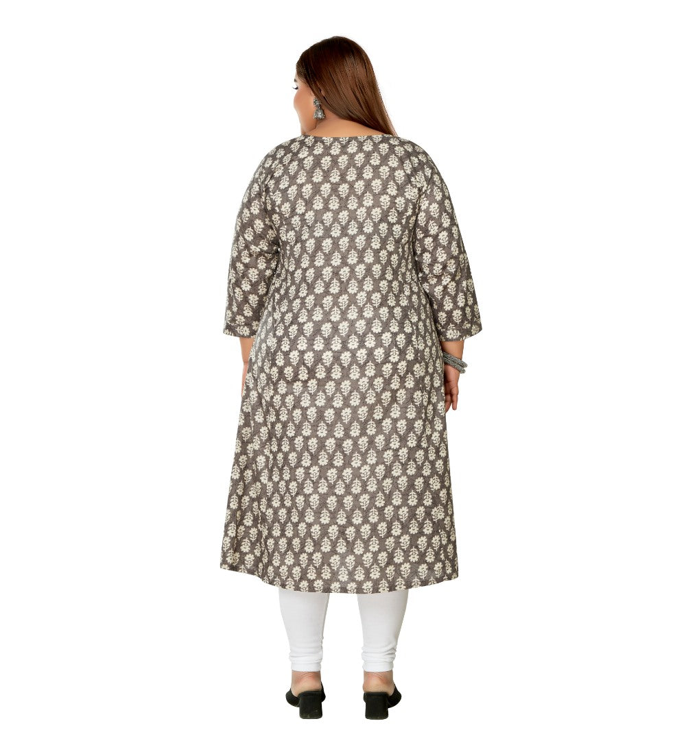 Women's Casual 3/4th Sleeve Printed Pure Cotton Prince Cut A-Line Kurti (Grey) - GillKart