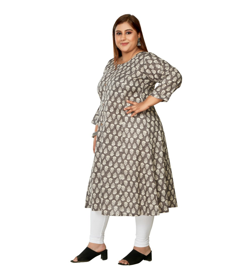 Women's Casual 3/4th Sleeve Printed Pure Cotton Prince Cut A-Line Kurti (Grey) - GillKart