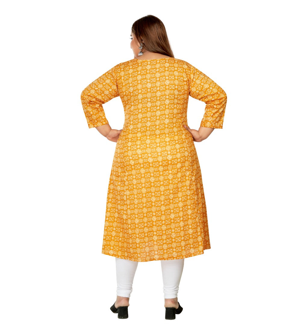 Women's Casual 3/4th Sleeve Regular Printed Pure Cotton Prince Cut A-Line Kurti (Yellow) - GillKart