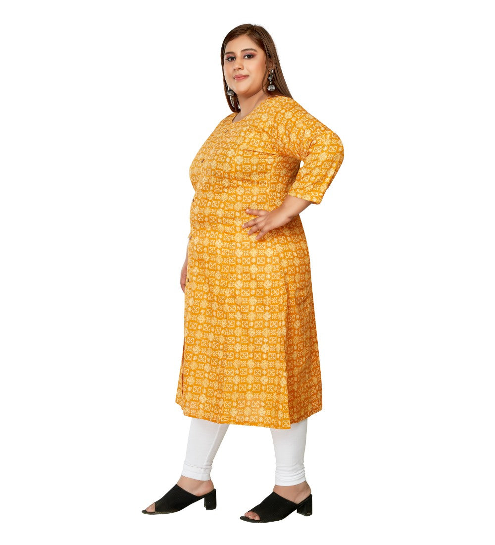 Women's Casual 3/4th Sleeve Regular Printed Pure Cotton Prince Cut A-Line Kurti (Yellow) - GillKart