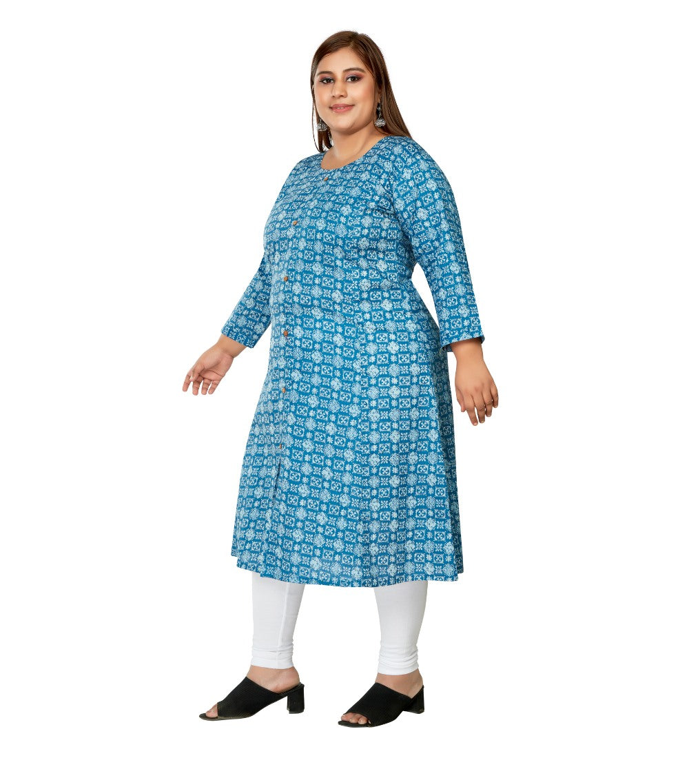 Women's Casual 3/4th Sleeve Regular Printed Pure Cotton Prince Cut A-Line Kurti (Blue) - GillKart