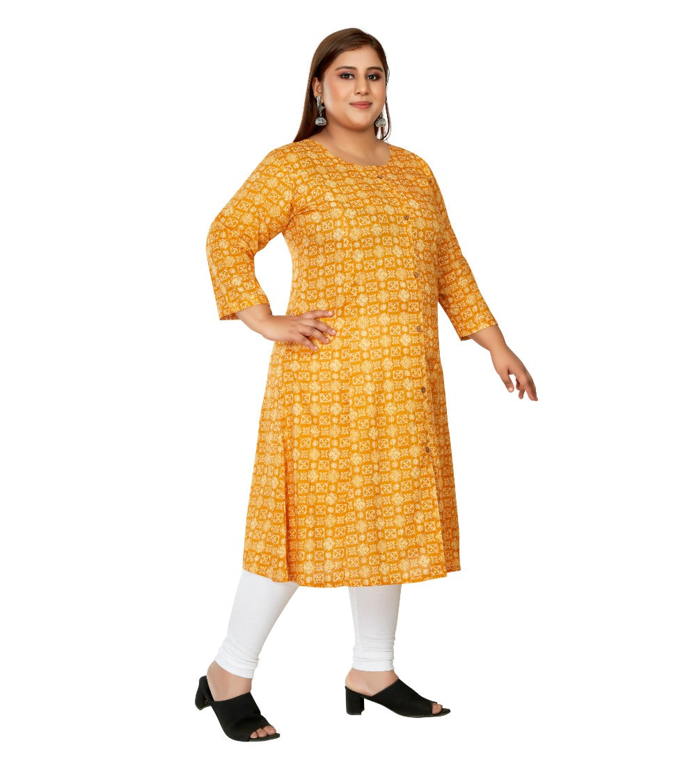 Women's Casual 3/4th Sleeve Regular Printed Pure Cotton Prince Cut A-Line Kurti (Yellow) - GillKart