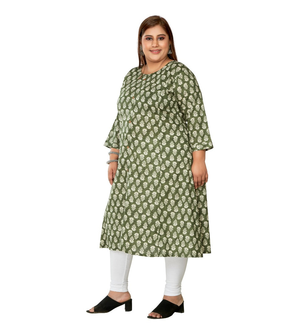 Women's Casual 3/4th Sleeve Printed Pure Cotton Prince Cut A-Line Kurti (Green) - GillKart