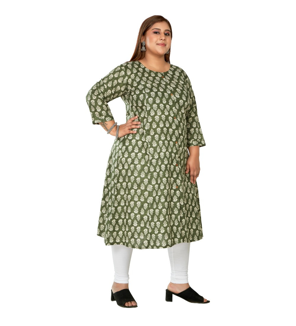 Women's Casual 3/4th Sleeve Printed Pure Cotton Prince Cut A-Line Kurti (Green) - GillKart