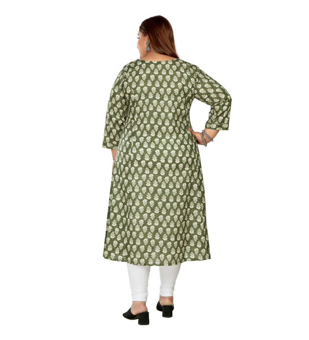 Women's Casual 3/4th Sleeve Printed Pure Cotton Prince Cut A-Line Kurti (Green) - GillKart