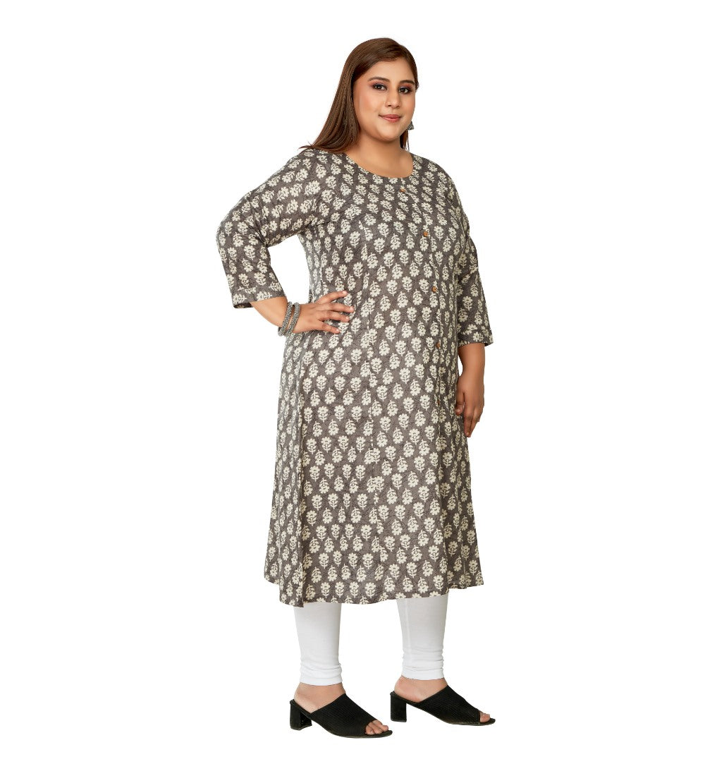 Women's Casual 3/4th Sleeve Printed Pure Cotton Prince Cut A-Line Kurti (Grey) - GillKart