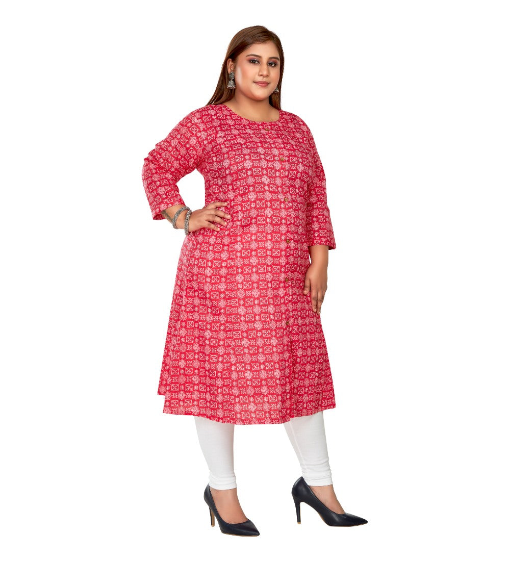 Women's Casual 3/4th Sleeve Regular Printed Pure Cotton Prince Cut A-Line Kurti (Pink) - GillKart