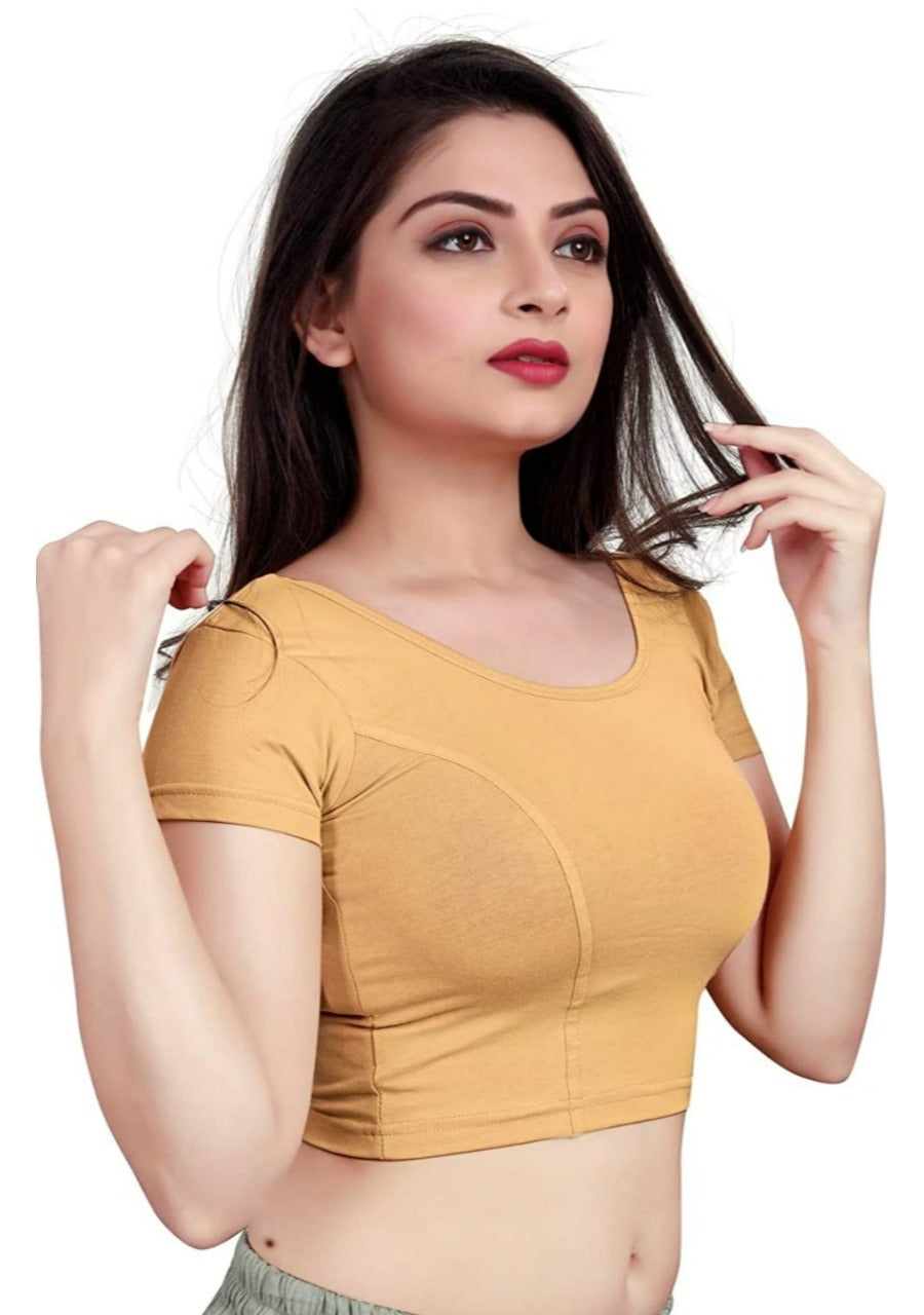 Women's Short Sleeve Cotton Lycra Readymade Blouse (Beige, Free Size) - GillKart