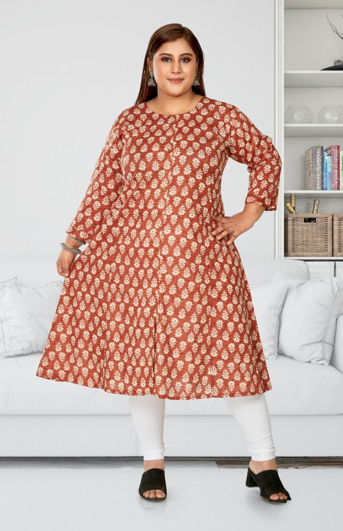 Women's Casual 3/4th Sleeve Printed Pure Cotton Prince Cut A-Line Kurti (Red) - GillKart