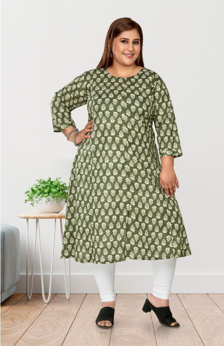 Women's Casual 3/4th Sleeve Printed Pure Cotton Prince Cut A-Line Kurti (Green) - GillKart