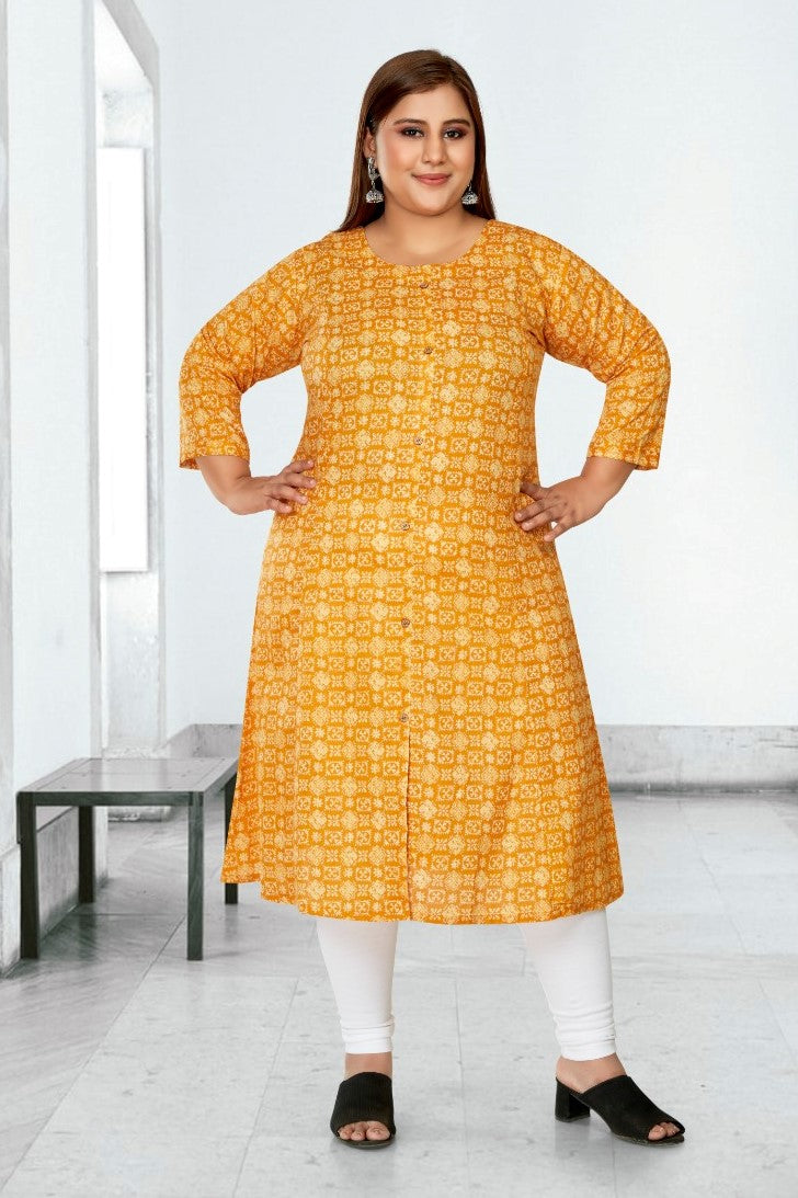 Women's Casual 3/4th Sleeve Regular Printed Pure Cotton Prince Cut A-Line Kurti (Yellow) - GillKart