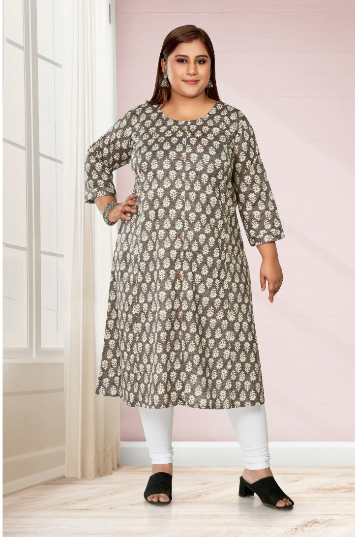 Women's Casual 3/4th Sleeve Printed Pure Cotton Prince Cut A-Line Kurti (Grey) - GillKart