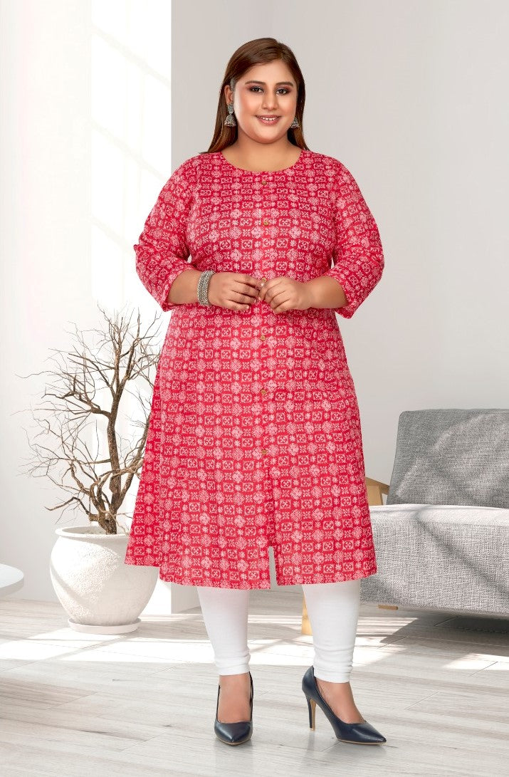 Women's Casual 3/4th Sleeve Regular Printed Pure Cotton Prince Cut A-Line Kurti (Pink) - GillKart