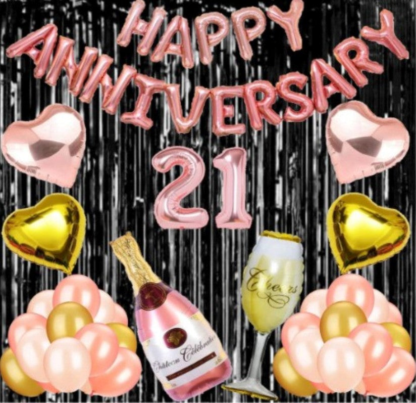 21St Anniversary Rose Gold Foil Balloons With Happy Decoration Items Set (Rose Gold) - GillKart