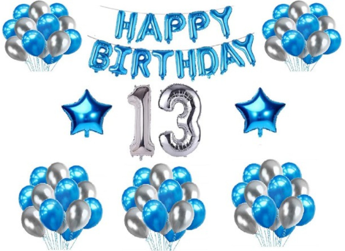13Th Happy Birthday Decoration Combo With Foil And Star Balloons (Blue, Silver) - GillKart