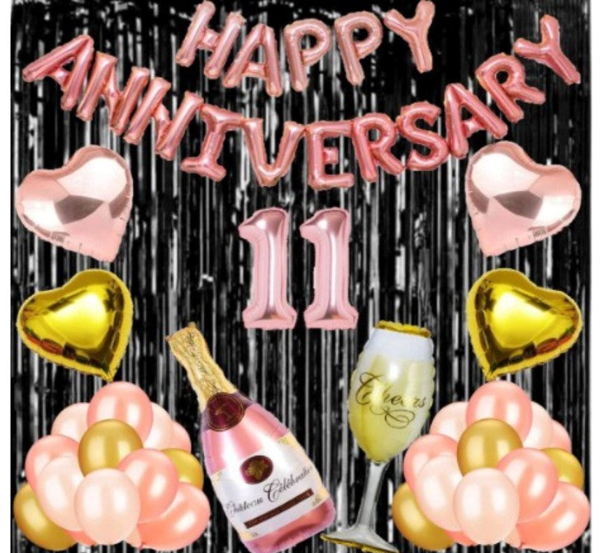 11Th Anniversary Rose Gold Foil Balloons With Happy Decoration Items Set (Rose Gold) - GillKart