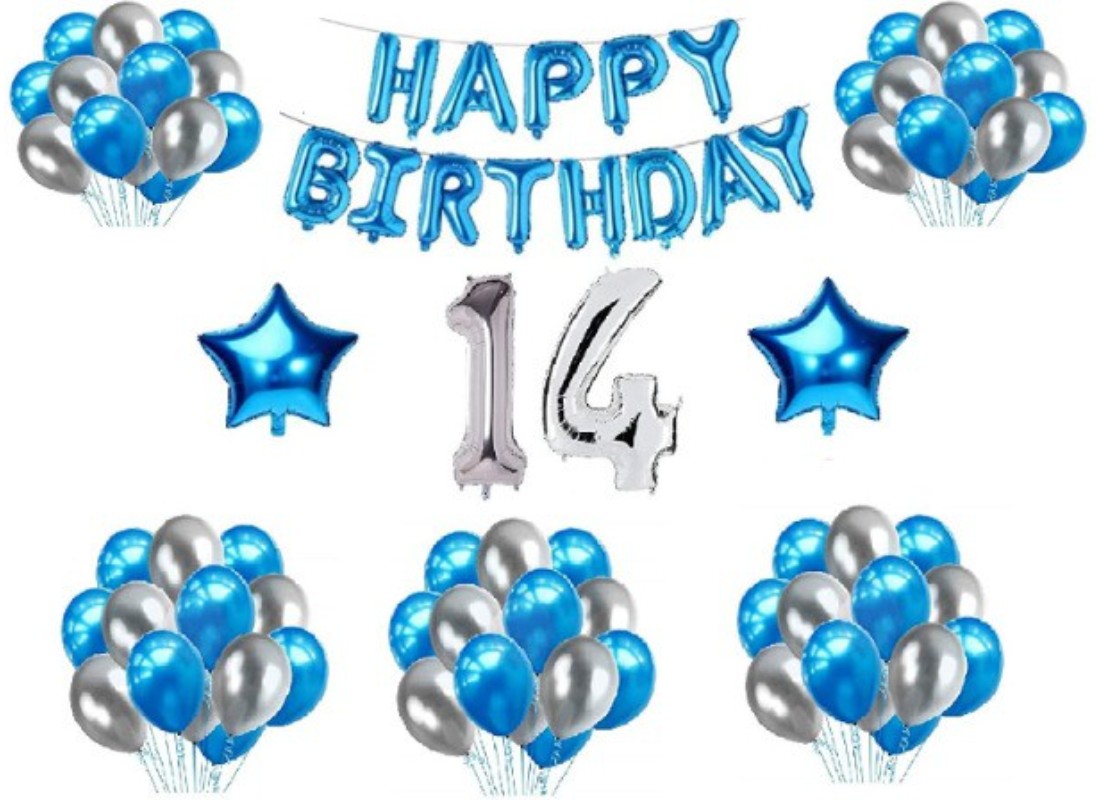 14Th Happy Birthday Decoration Combo With Foil And Star Balloons (Blue, Silver) - GillKart