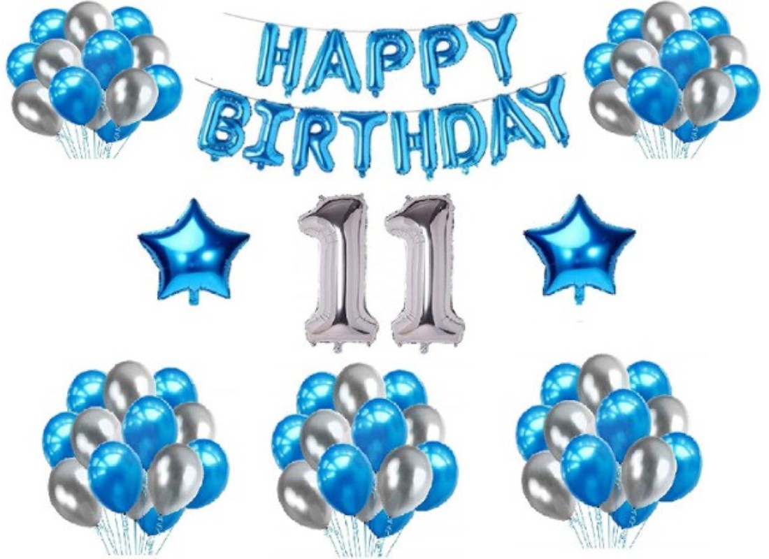 11Th Happy Birthday Decoration Combo With Foil And Star Balloons (Blue, Silver) - GillKart