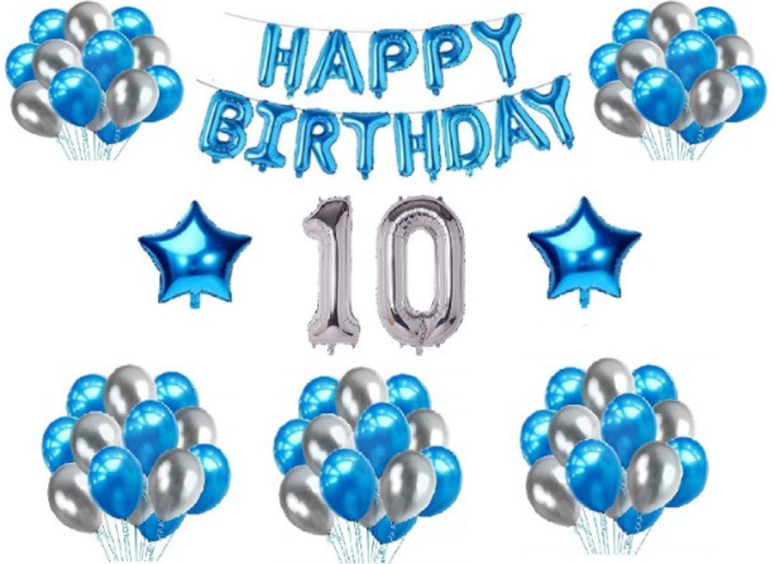 10Th Happy Birthday Decoration Combo With Foil And Star Balloons (Blue, Silver) - GillKart