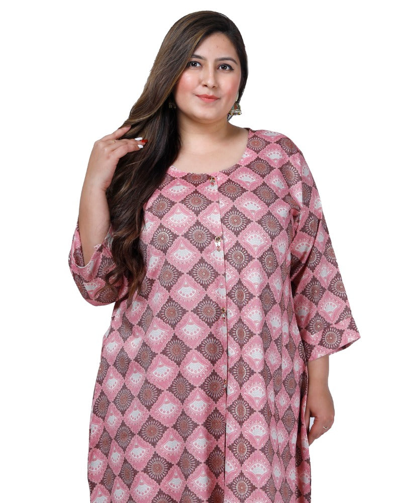 Women's Office wear Golden Foil Capsule A-Line Kurti (Pink) - GillKart