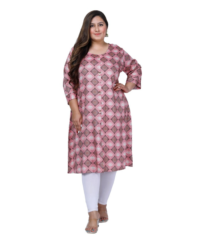 Women's Office wear Golden Foil Capsule A-Line Kurti (Pink) - GillKart