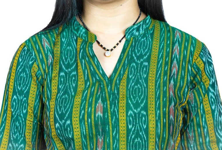 Women's Sambalpuri Certified Handloom Pure Cotton Straight Kurti (Green) - GillKart