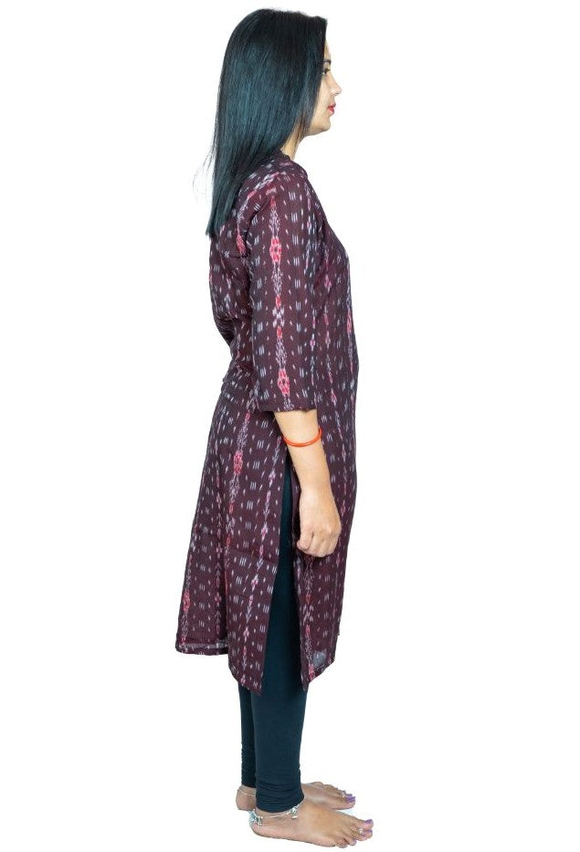 Women's Sambalpuri Certified Handloom Pure Cotton Straight Kurti (Brown) - GillKart