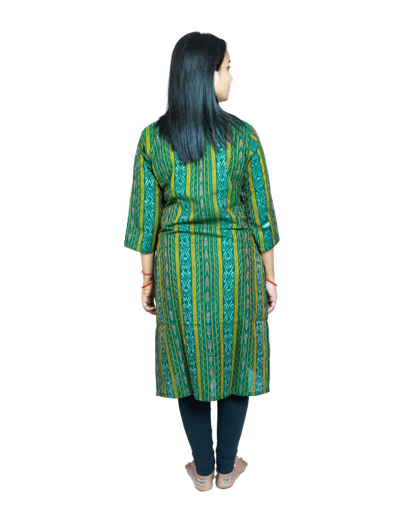 Women's Sambalpuri Certified Handloom Pure Cotton Straight Kurti (Green) - GillKart