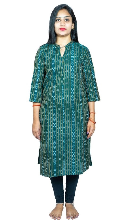 Women's Sambalpuri Certified Handloom Pure Cotton Straight Kurti (Green) - GillKart