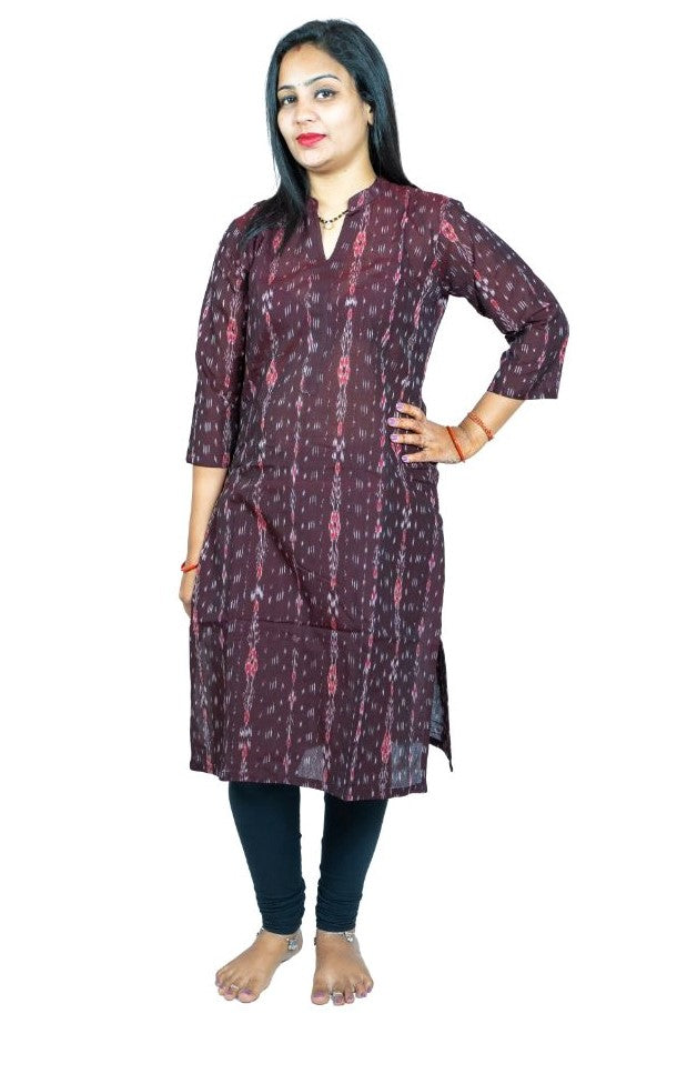 Women's Sambalpuri Certified Handloom Pure Cotton Straight Kurti (Brown) - GillKart