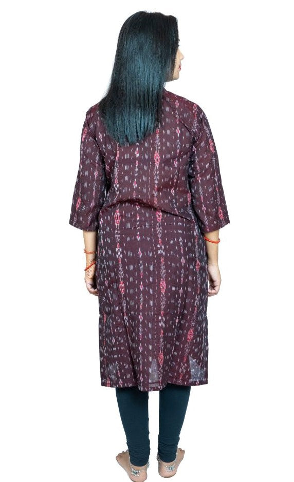 Women's Sambalpuri Certified Handloom Pure Cotton Straight Kurti (Brown) - GillKart