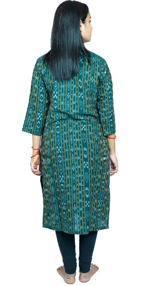 Women's Sambalpuri Certified Handloom Pure Cotton Straight Kurti (Green) - GillKart