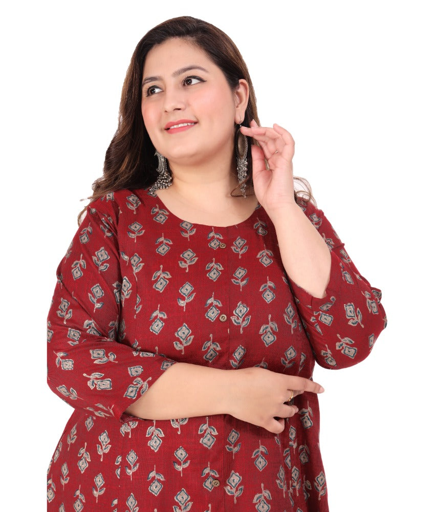 Women's Office wear Floral Printed Capsule Princess Cut Kurti (Maroon) - GillKart