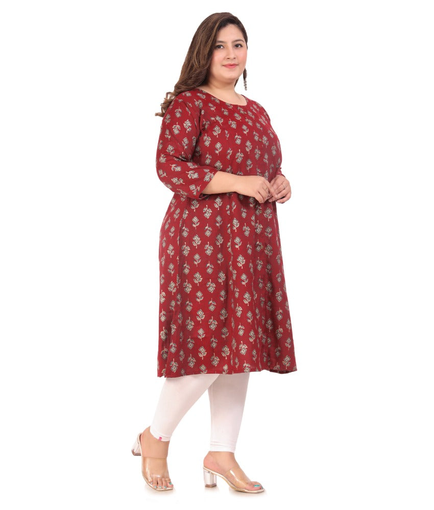 Women's Office wear Floral Printed Capsule Princess Cut Kurti (Maroon) - GillKart